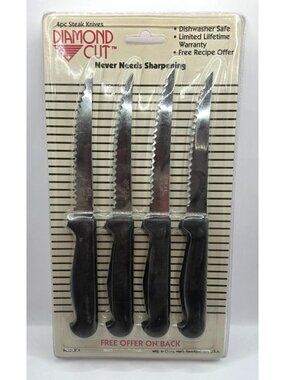 Vtg Diamond Cut 4pc Steak Knives Stainless Steel Black Handles Factory Sealed